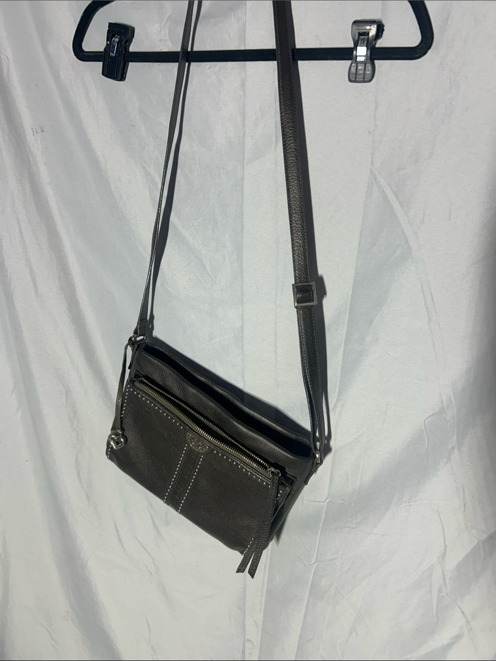 Grey Leather Crossbody Bag with Front Zip Pocket